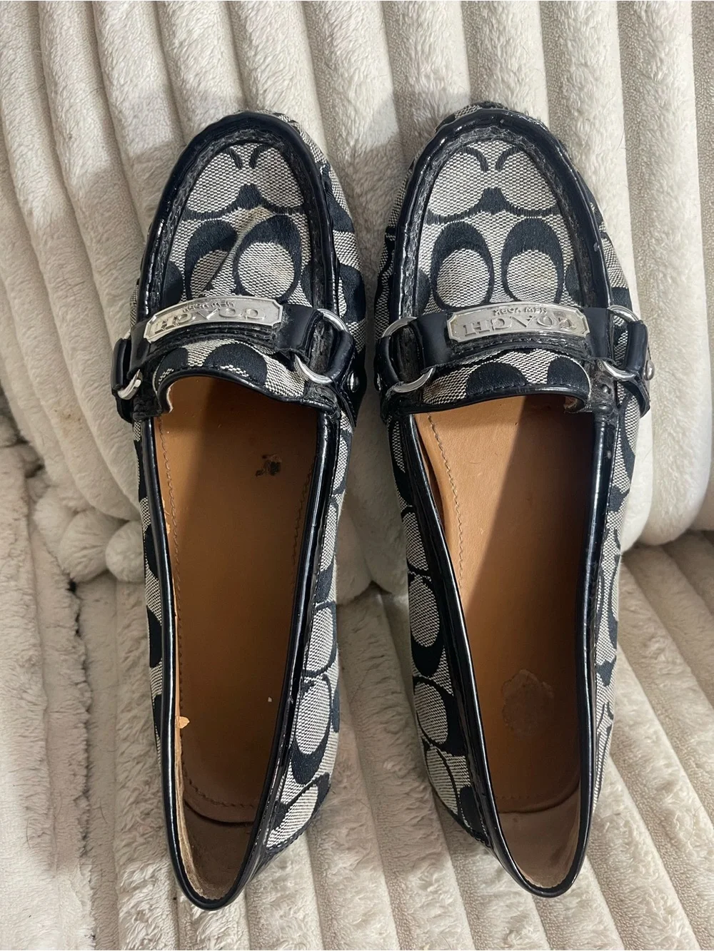 Coach Black and Gray Signature Logo Loafers with Silver Plaque